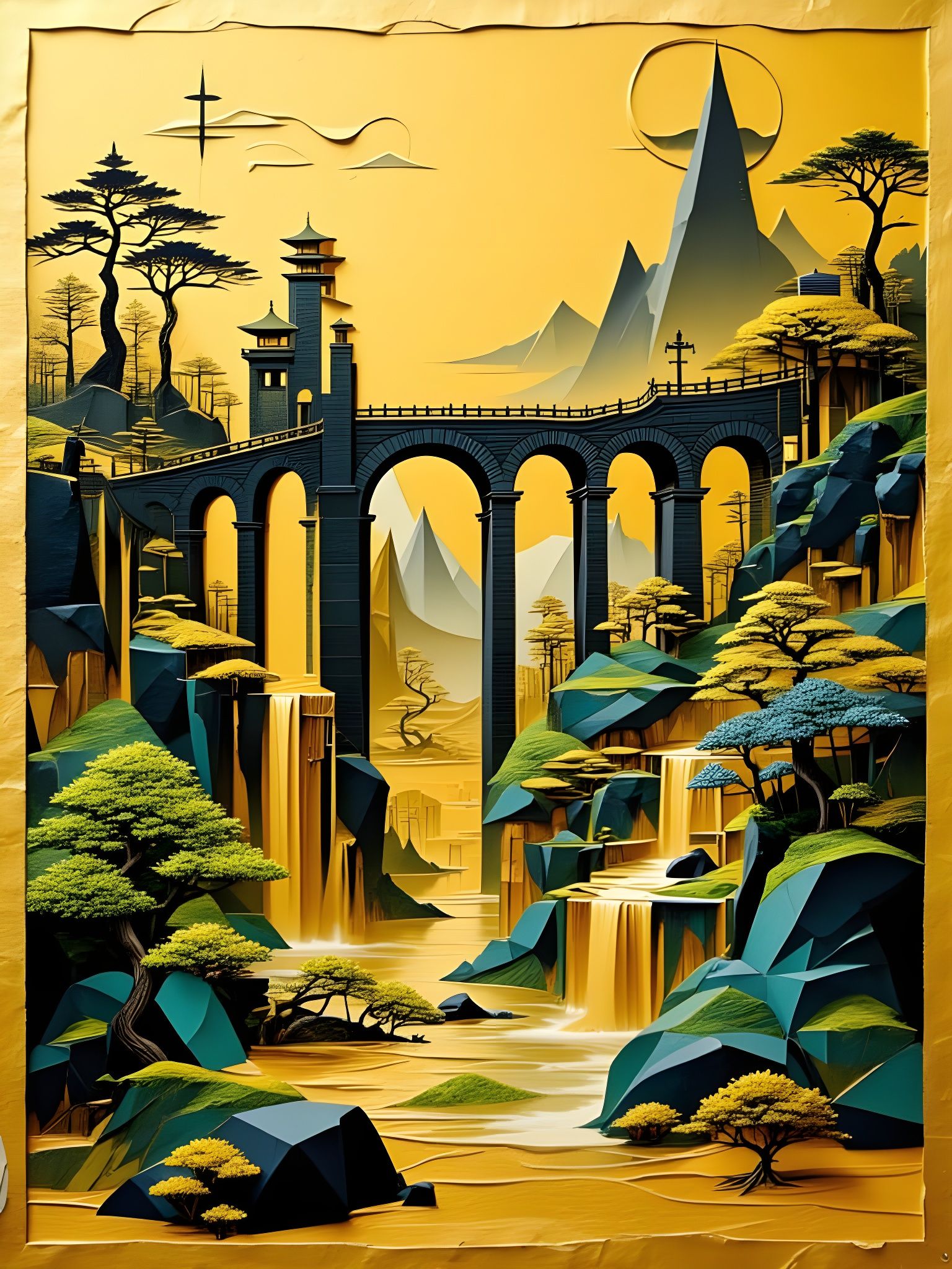 Golden Paper Aqueduct in Abstract Zen Garden