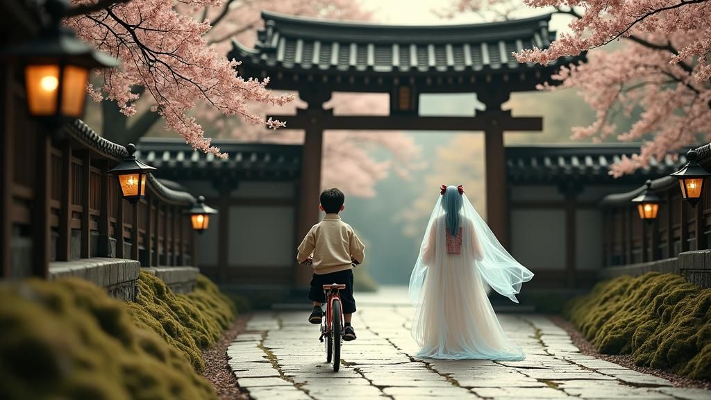 Japanese Child Cyclist Near Ethereal Gate