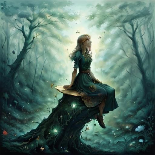 Intricate Forest Painting of Figure on Tree Trunk