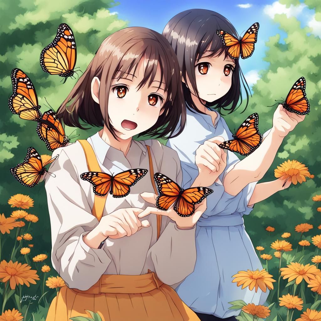 Girls Catching Monarch Butterflies in Anime Style