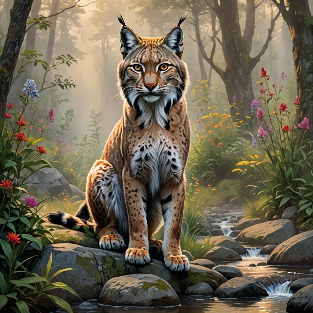 Lynx Hunting in Mystical Forest, Digital Matte Painting
