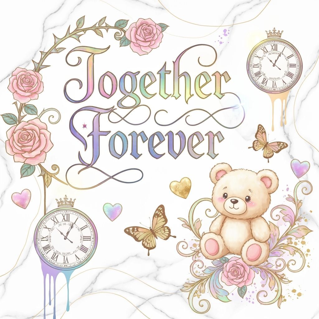 Elegant Gothic Calligraphy with Rainbow Ink and Teddy Bear