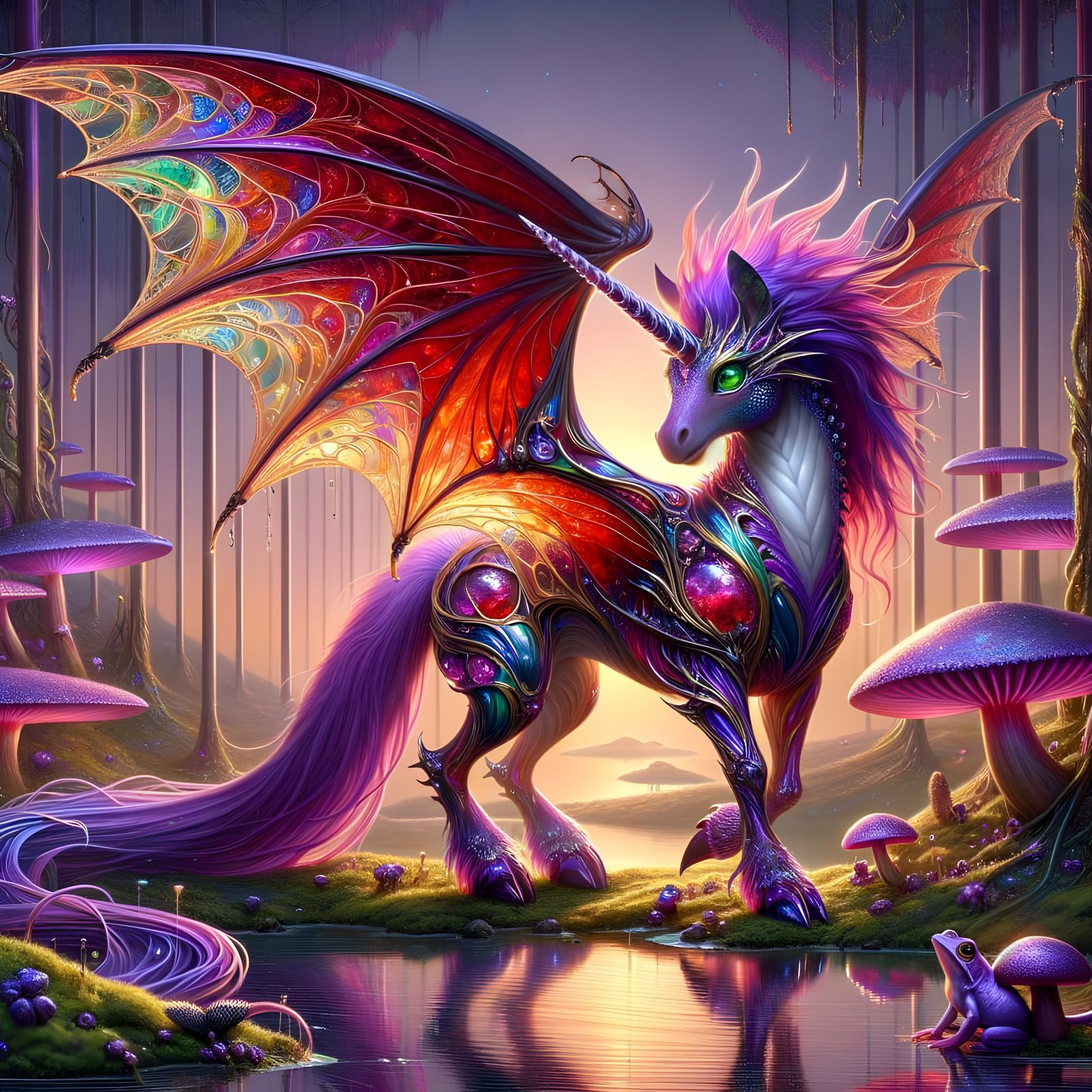 Mythical Unicorn-Dragon Hybrid in Dew-Kissed Forest