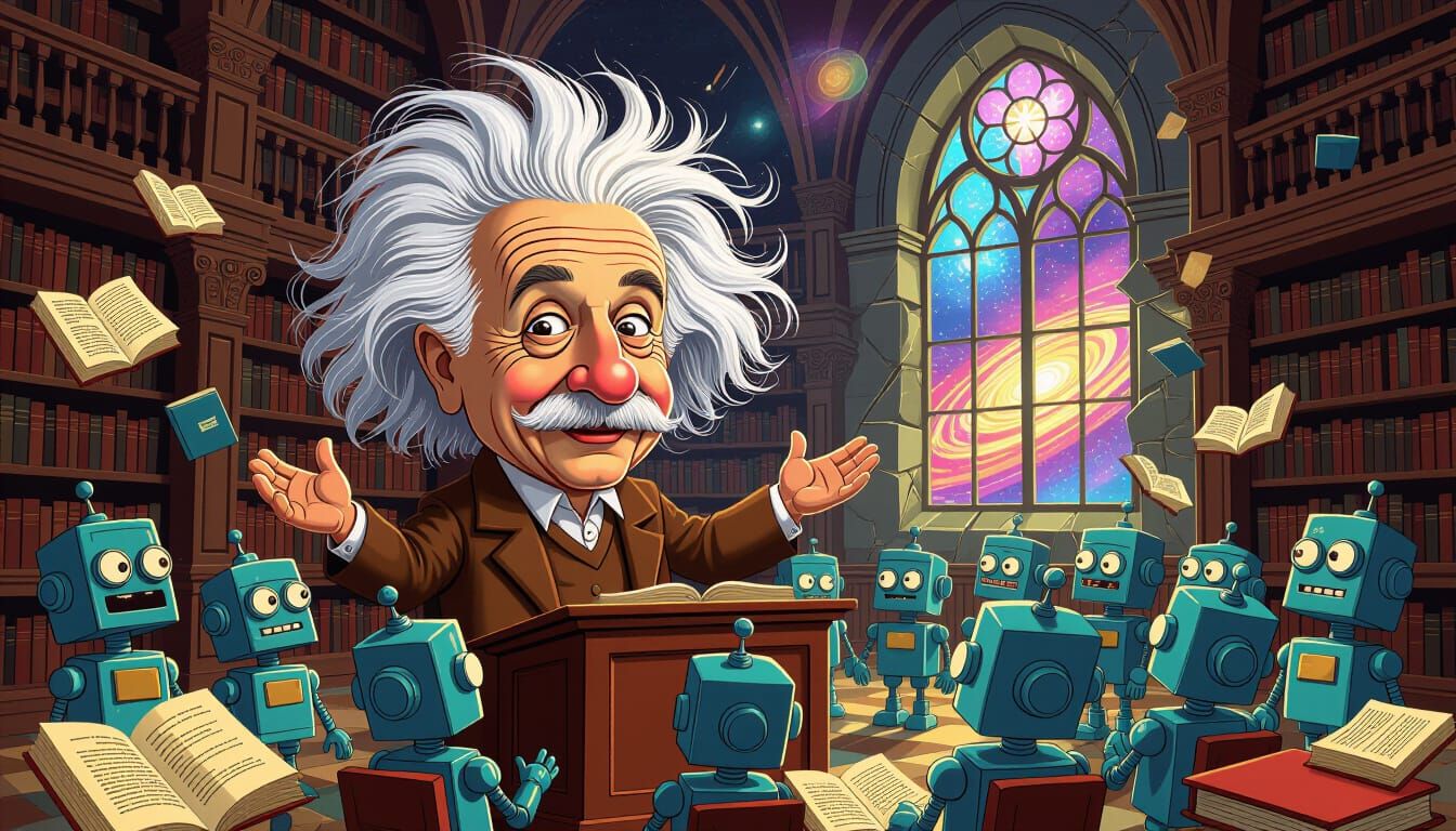 Einstein Caricature Lecturing Robots in Surreal Library