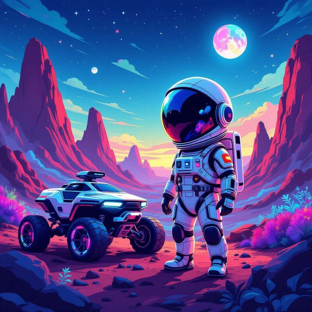 Chibi Astronaut on Alien Planet in Hyperrealistic Style