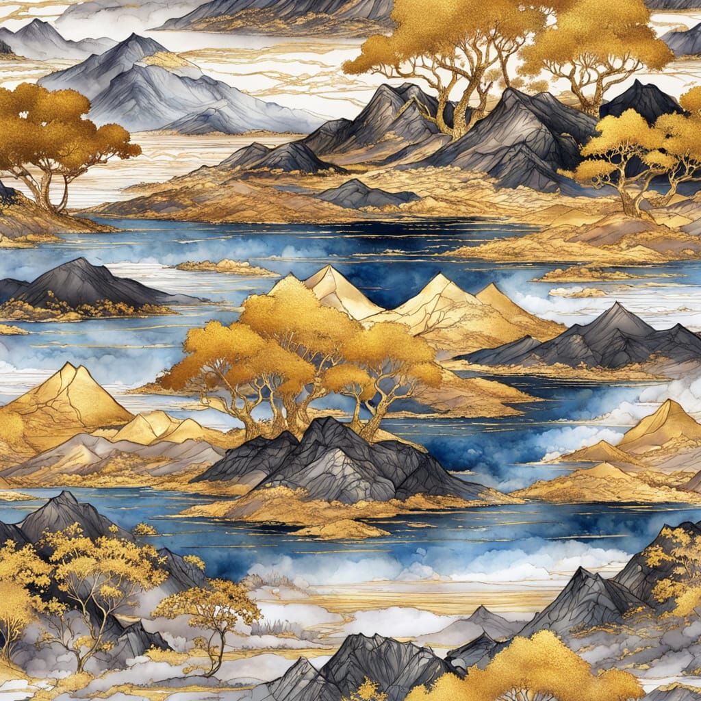Kintsugi Landscape with Gold Ink Craquelure