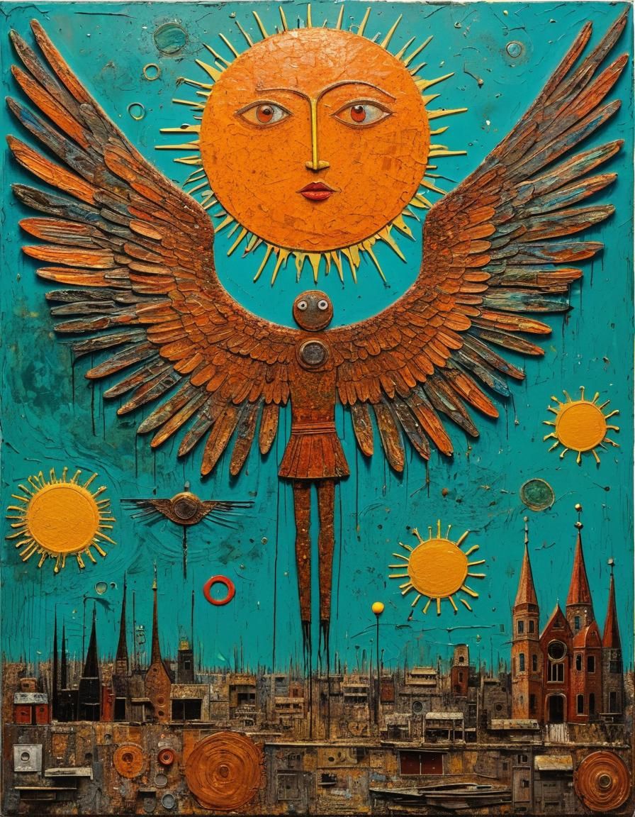 Icarus Flight in Surreal Folk Art Style