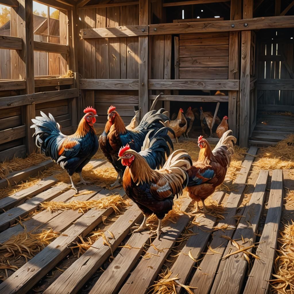 Hyperrealistic Capons Pecking in Barnyard Concept Art