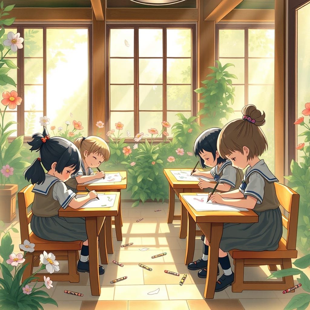Whimsical Japanese Kindergarteners in a Sunlit Classroom
