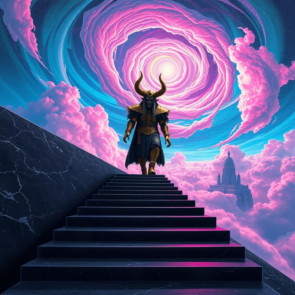 Psychedelic Figure Descends Cosmic Staircase