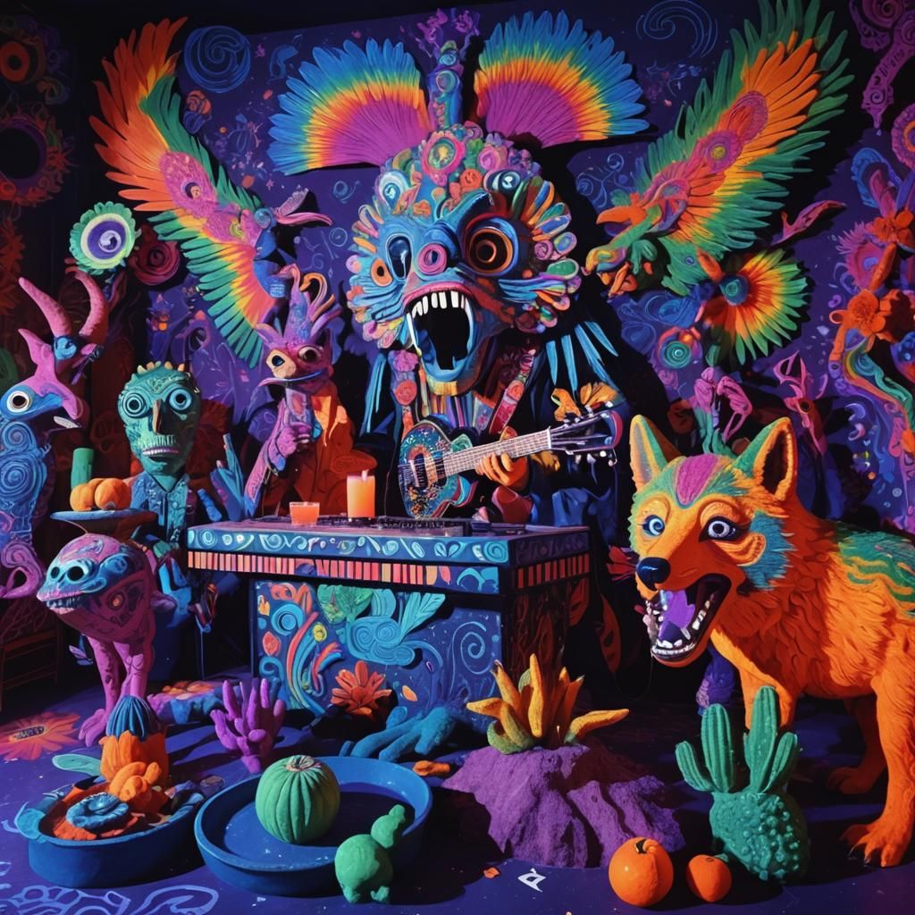 Psychedelic Rock Band in Surreal Mexican Folk Art Style