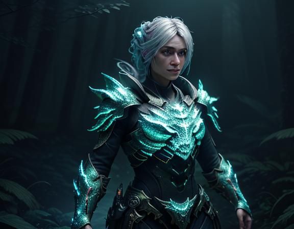 Female Amphipioid in Bioluminescent Forest, 3D Game Art