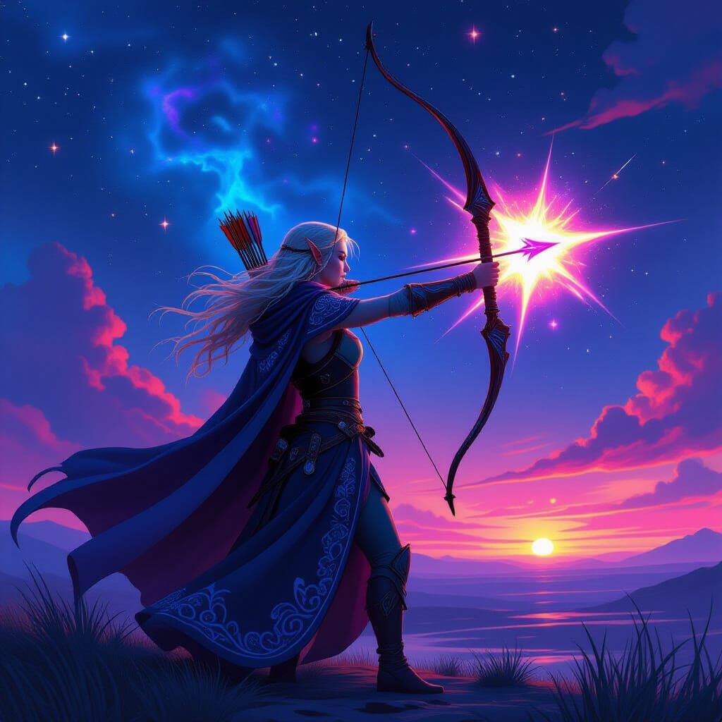 Elven Archer with Cosmic Arrow Before Dying Star