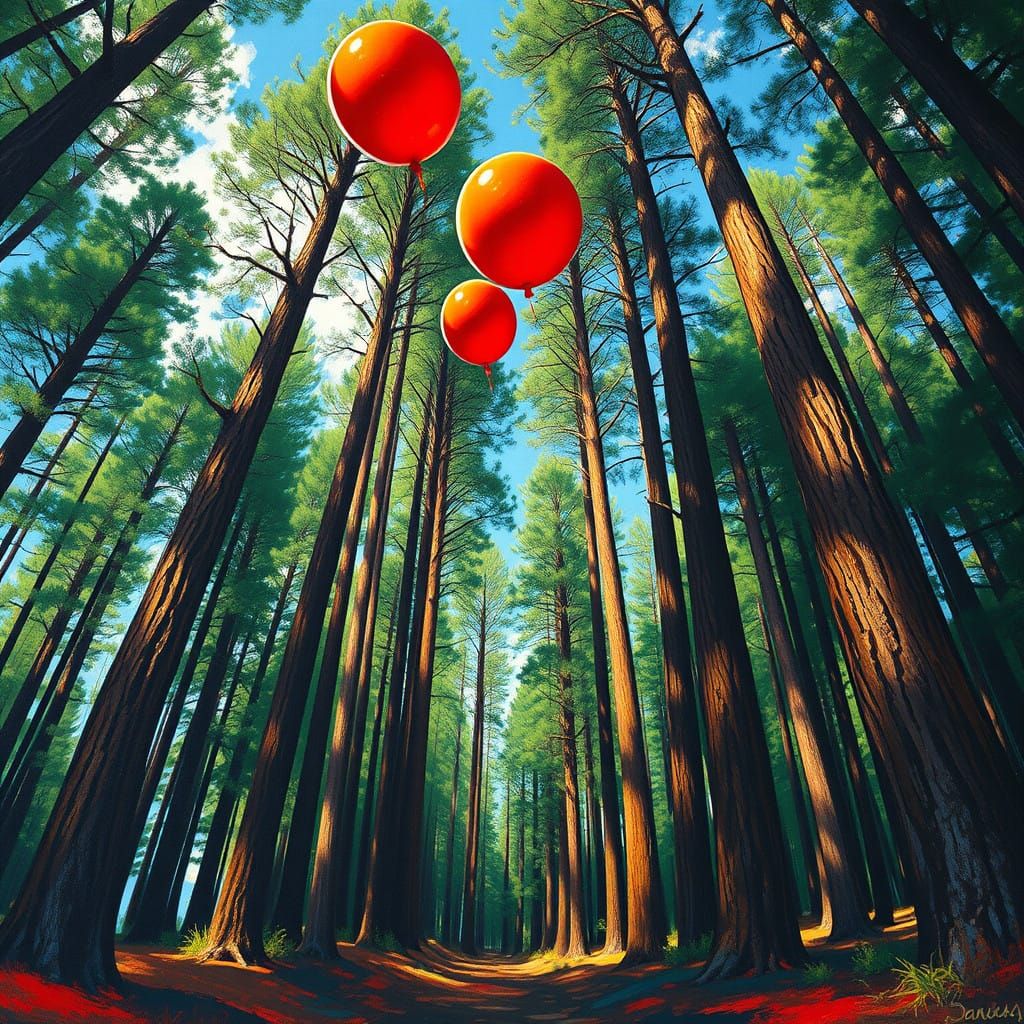Surreal Emerald Forest Scene with Red Balloons