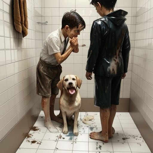 Two children in a soaking wet bathroom trying to bathe the dog and making a mess. Norman Rockwell