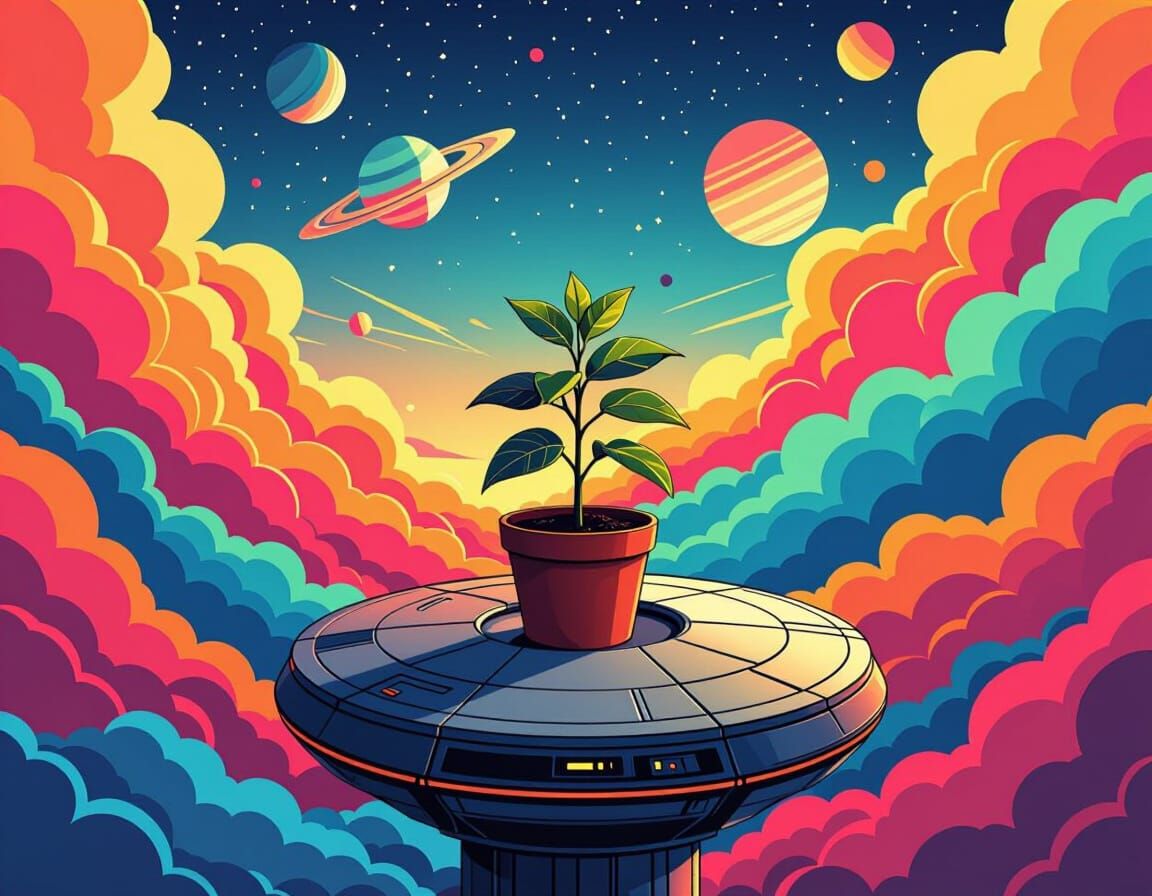 Origami Plant on Metallic Surface in Futuristic Style