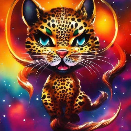 Chibi Leopard Demon Cub in Watercolor Splash Art