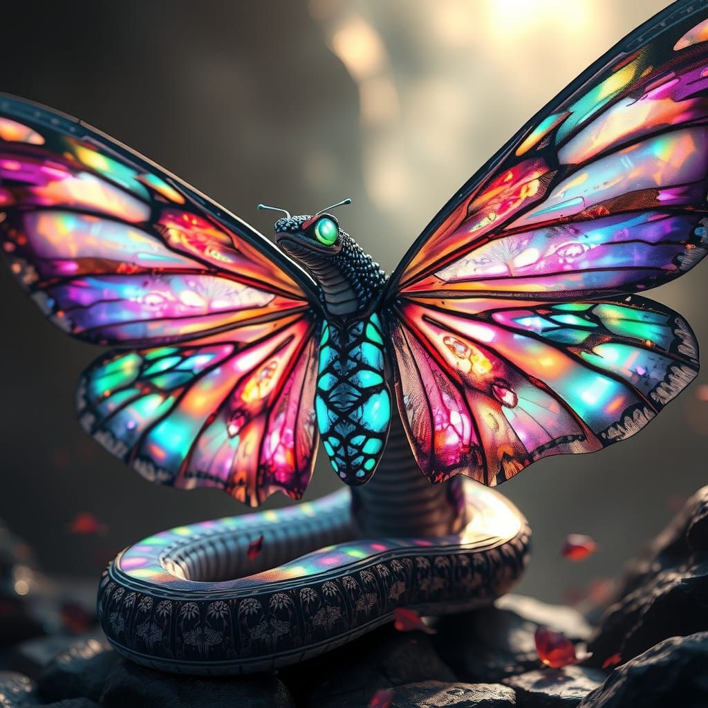 Surreal Serpent-Butterfly Hybrid Shimmers in Ethereal Light