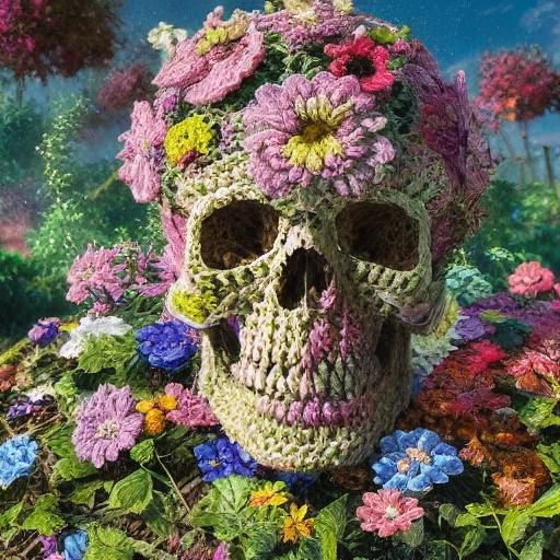 Intricate Crocheted Skull Among Spring Flowers
