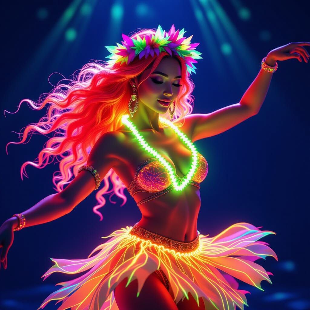 Neon Hawaiian Hula Dancer Portrait in Art Nouveau Style