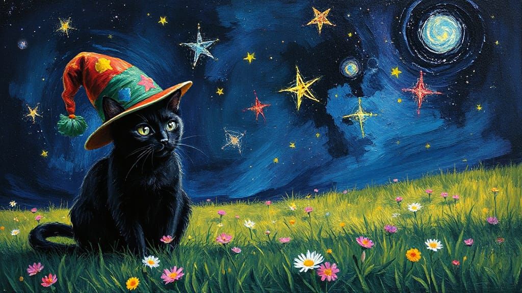 Black Cat in Hat: A Post-Impressionist Meadow Dream
