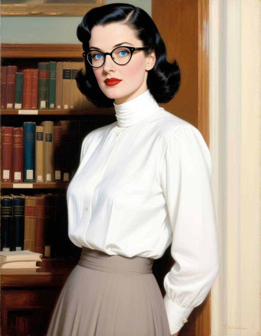 1940s Librarian Portrait in Realistic Oil Style