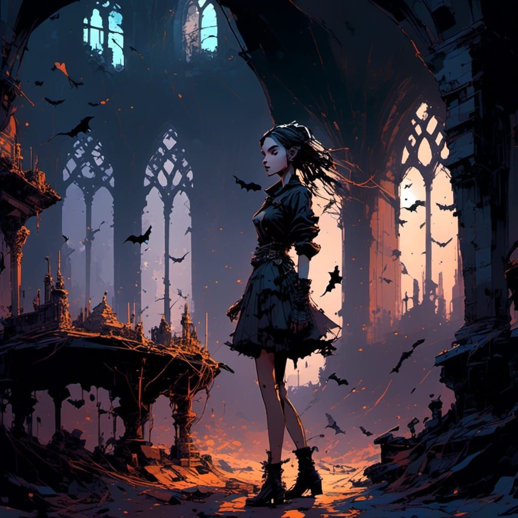 Gothic Vampire Girl in Castle Interior