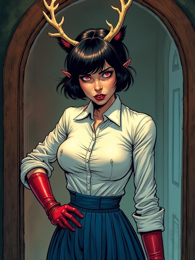 Comic Woman with Antlers Reflected in Mirror