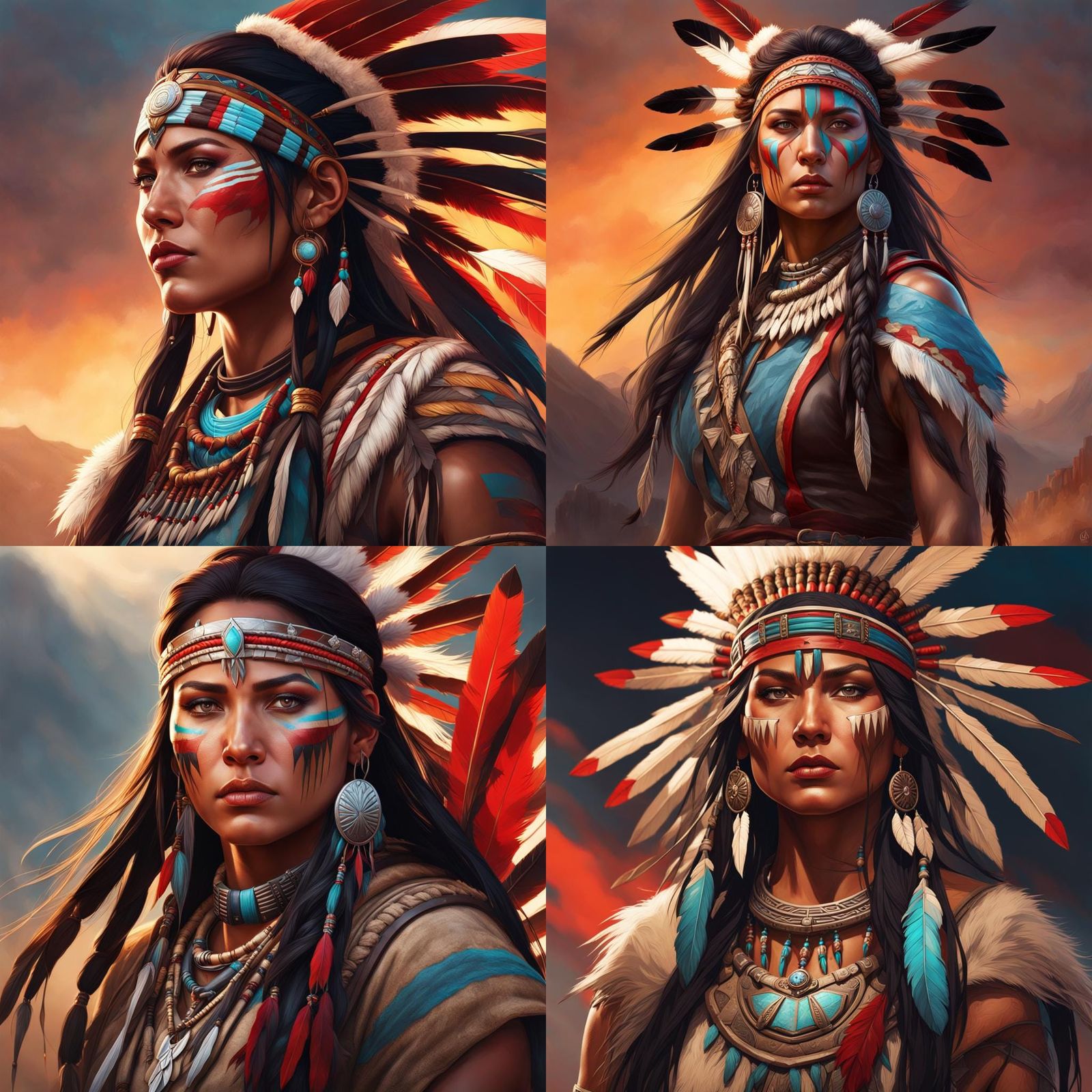 Native American Warrior Woman Portrait in Hyperdetailed Styl...