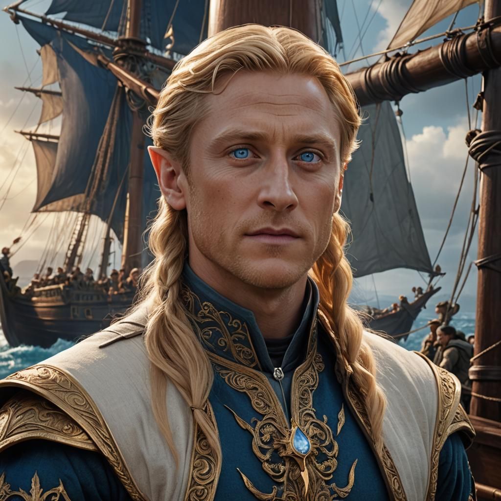 Elf with Sailing Ship Background in Fantasy Art Style