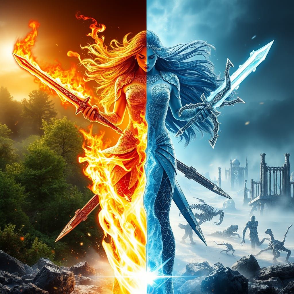 Fierce Warrior Woman Divided by Elemental Forces