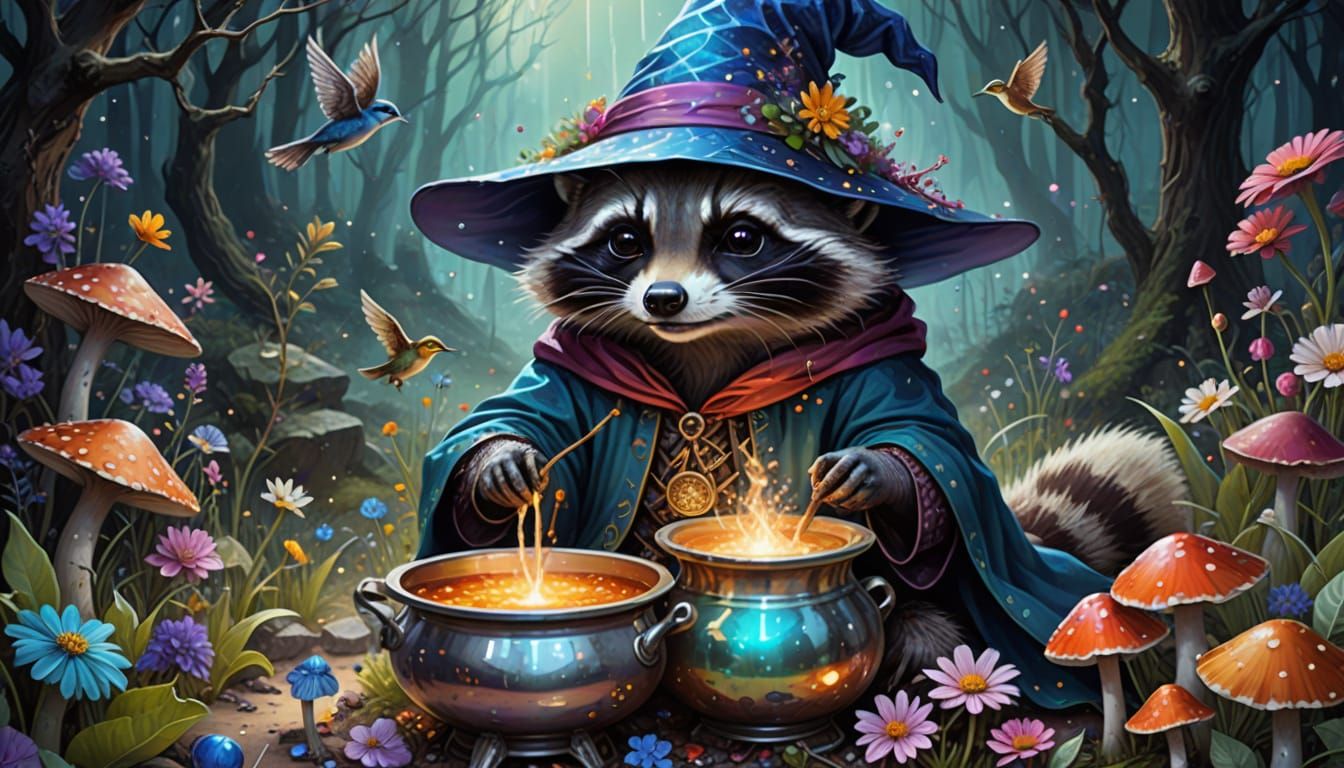 Whimsical Wizard Raccoon Concocts Enchanted Elixir