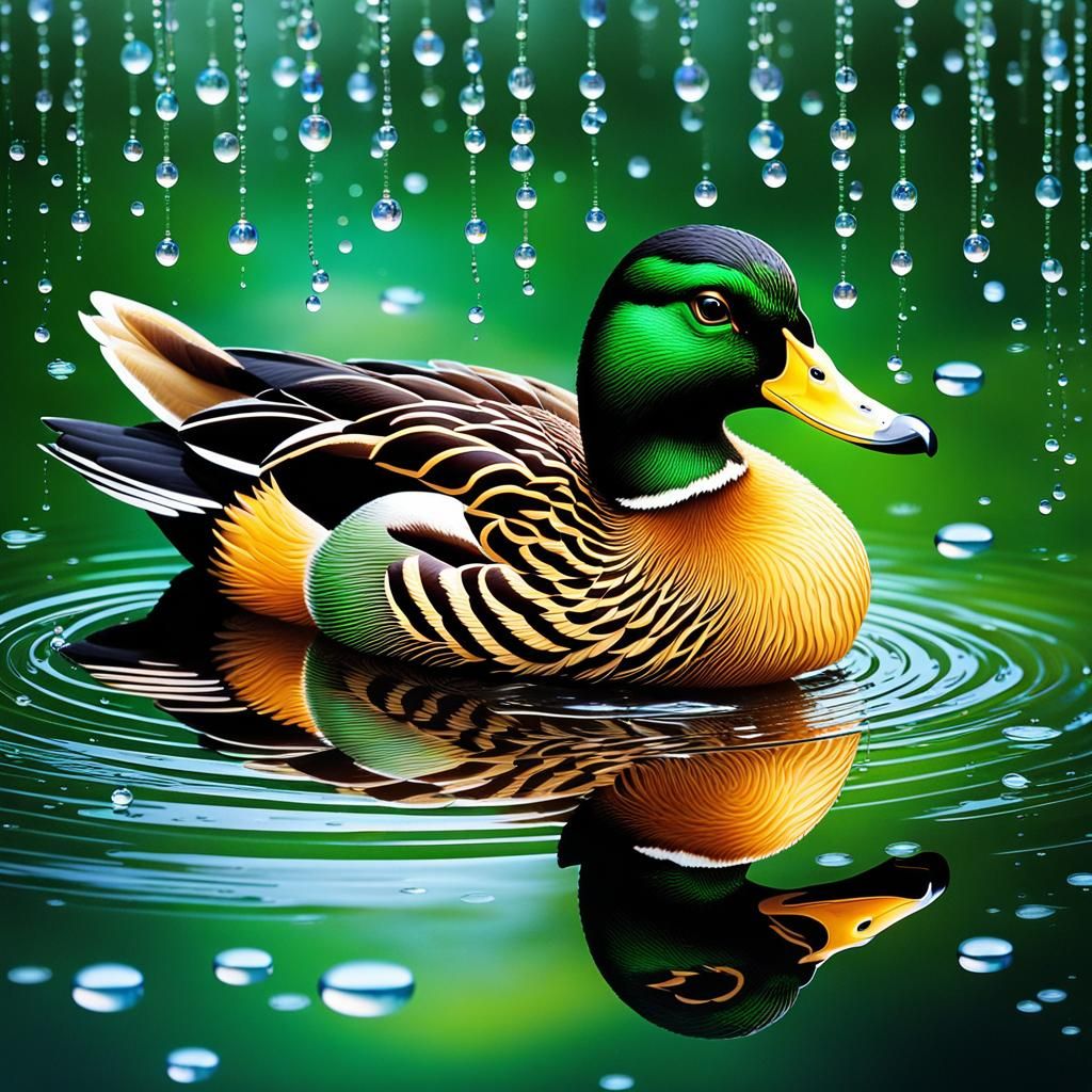 Peaceful Pond Scene with Ducklings in the Rain