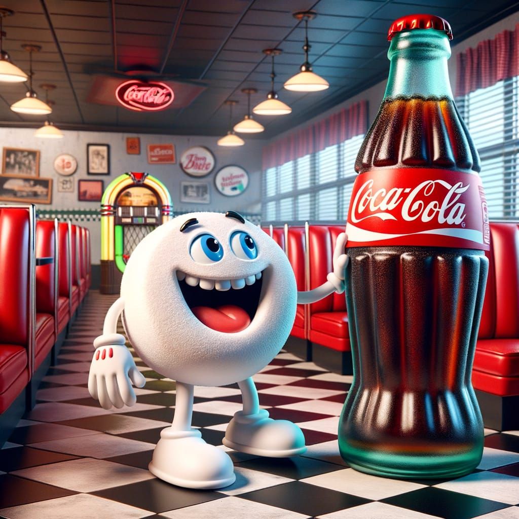 Coca-Cola Bottle and Mentos Chatting in Retro Diner
