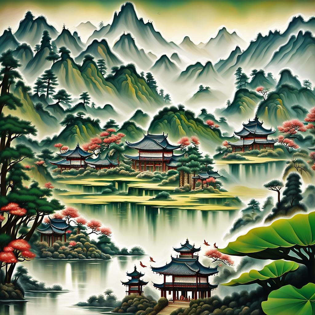 Chinese Mountain Scene with Blossoms in Tang Dynasty Style