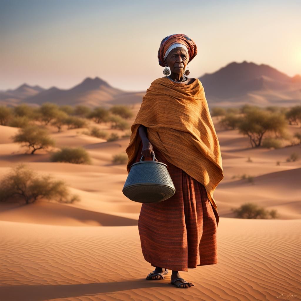 African Woman in Desert Garb at Dawn