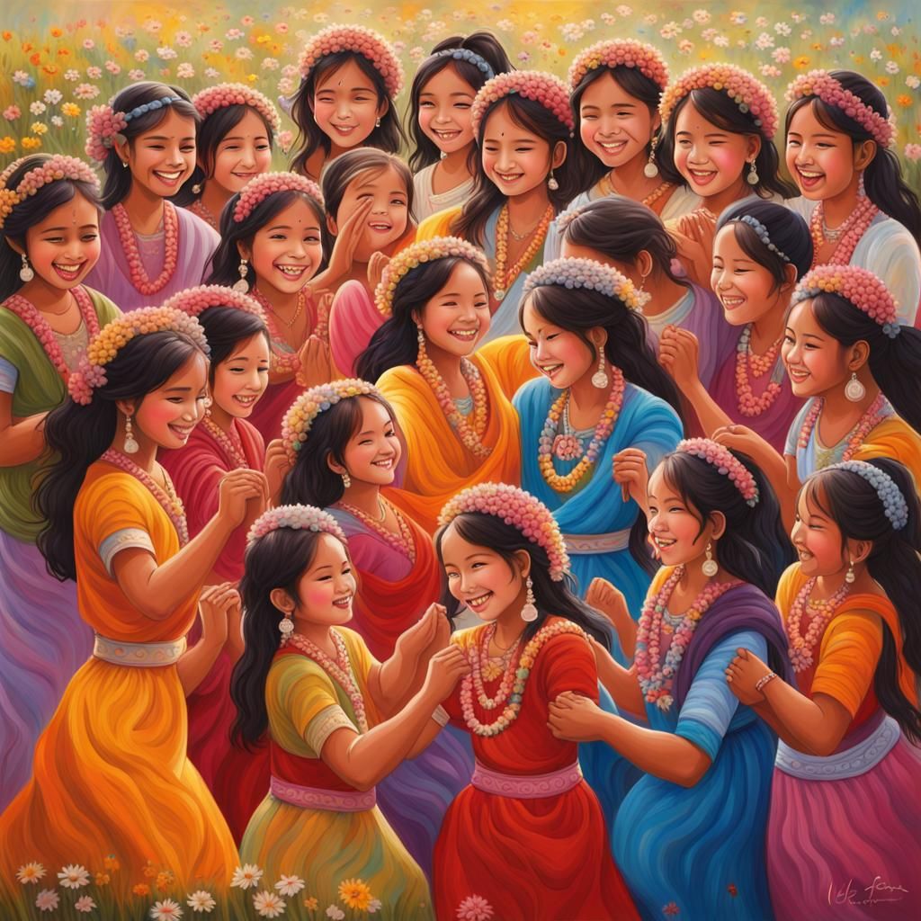 Colorful Painting of Girls Celebrating Unity