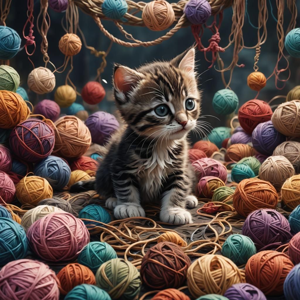 Kitten's Yarn Play: Detailed Fantasy Concept Art