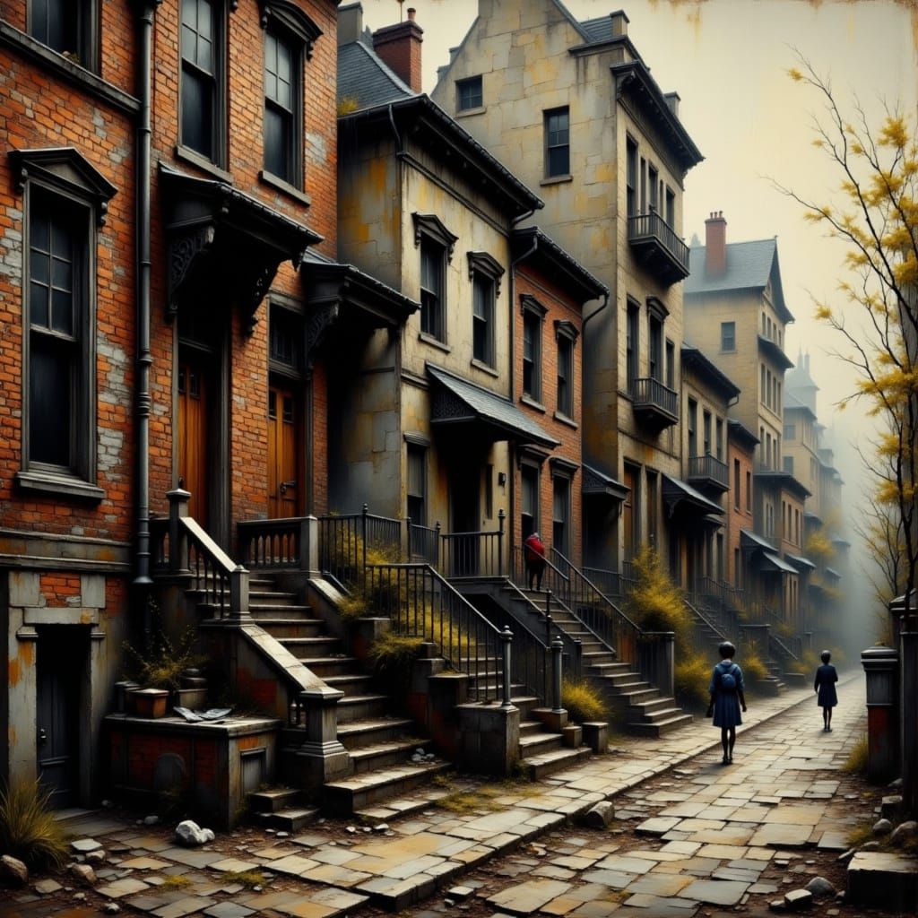 Victorian Apartment Buildings with Girl on Stoop
