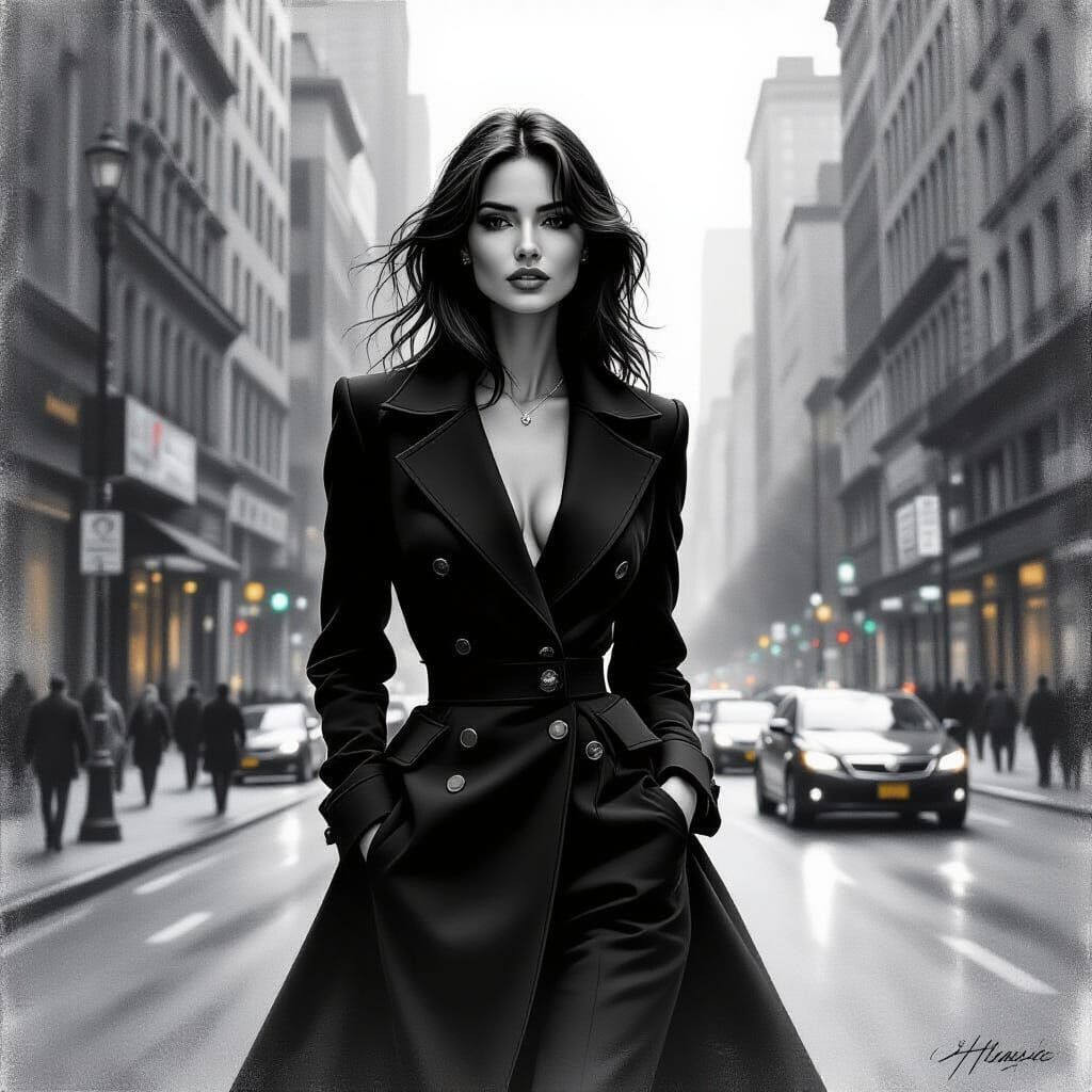 Hyperdetailed Charcoal Drawing of a Noir Metropolis