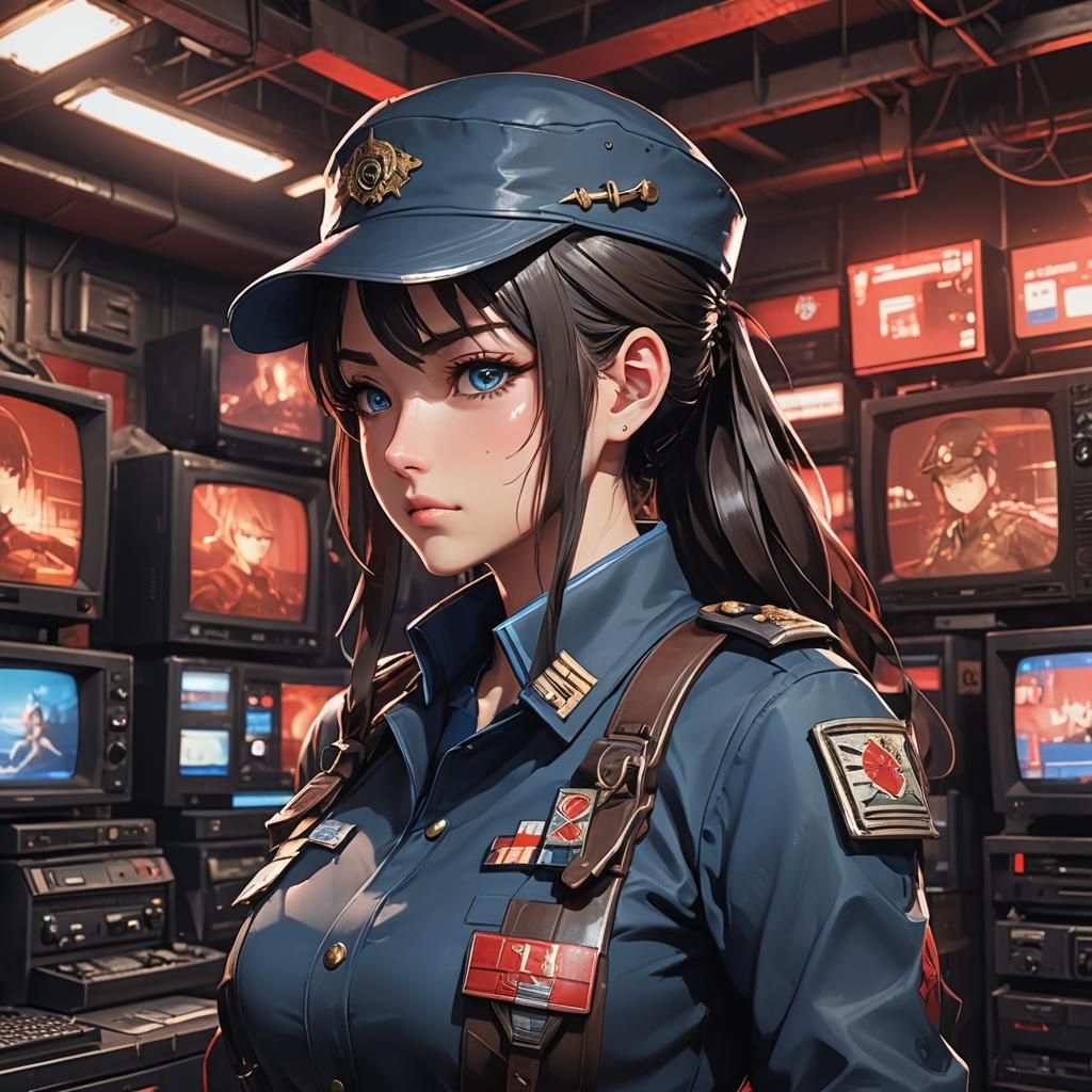 Anime-Inspired Commander in Front of TV Screens
