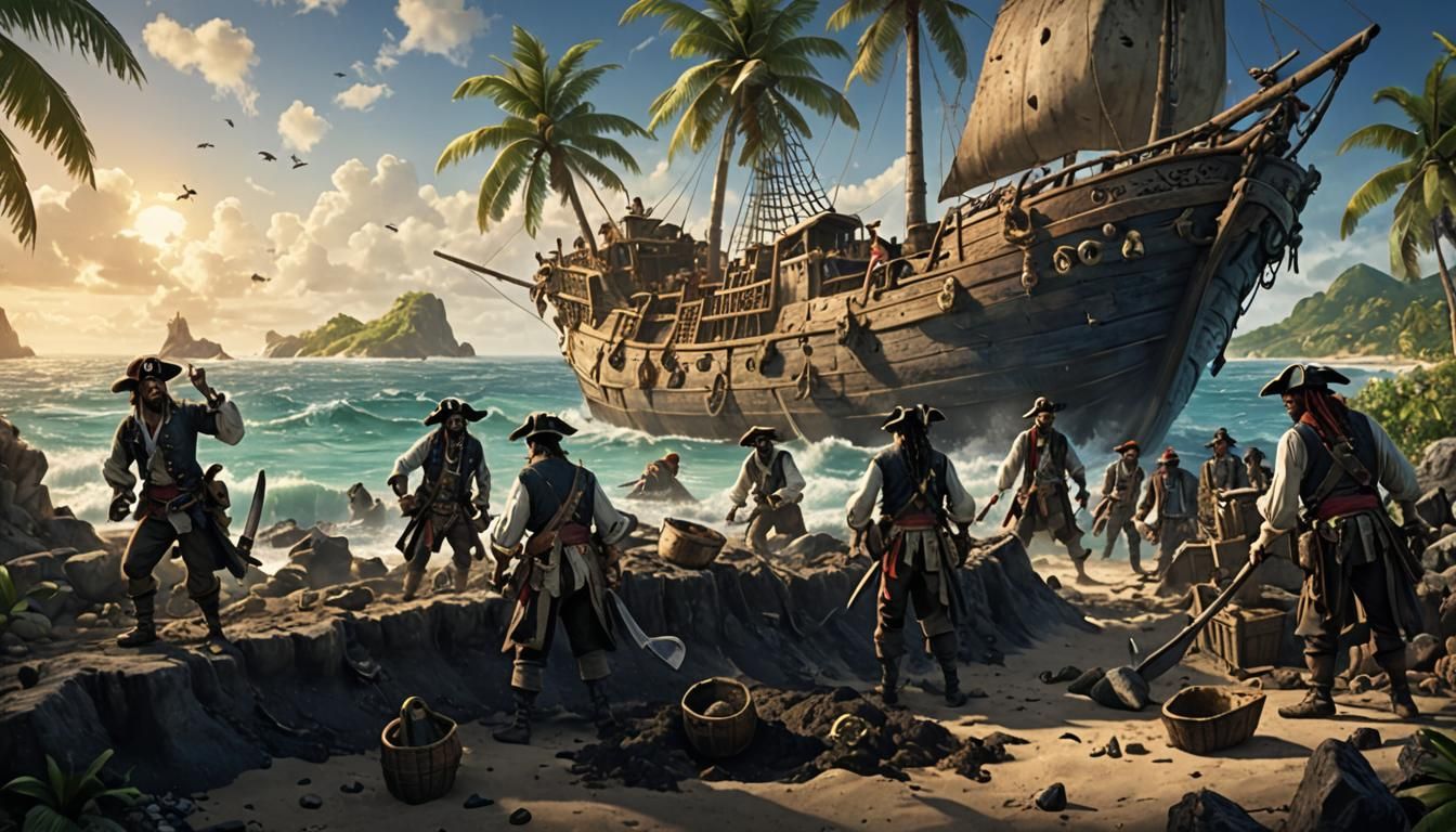 Pirates Bury Treasure on Caribbean Island Coast