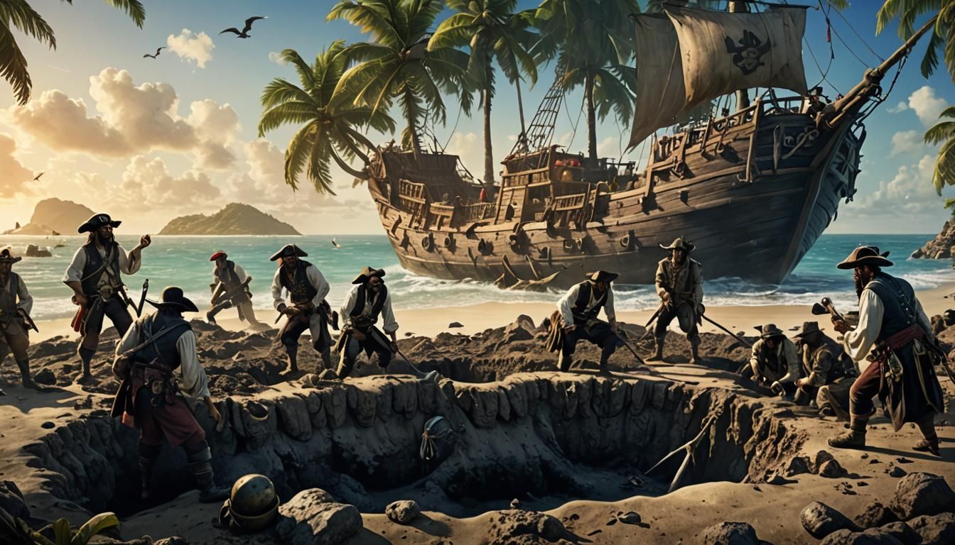 Pirates Burying Treasure on Caribbean Island