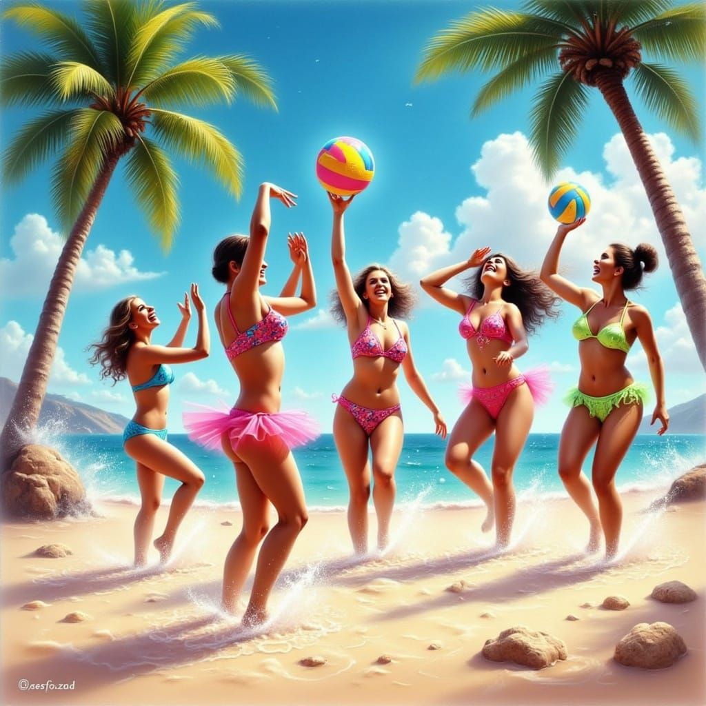 Vibrant Women in Colorful Beachwear Play Volleyball on Sunny...
