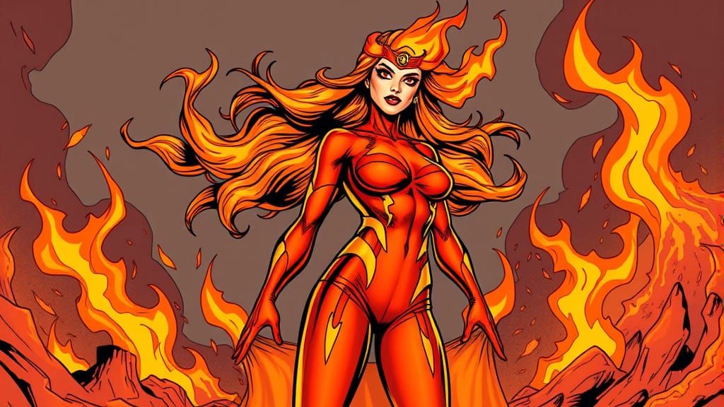 Fire Supervillainess in American Comic Art Style