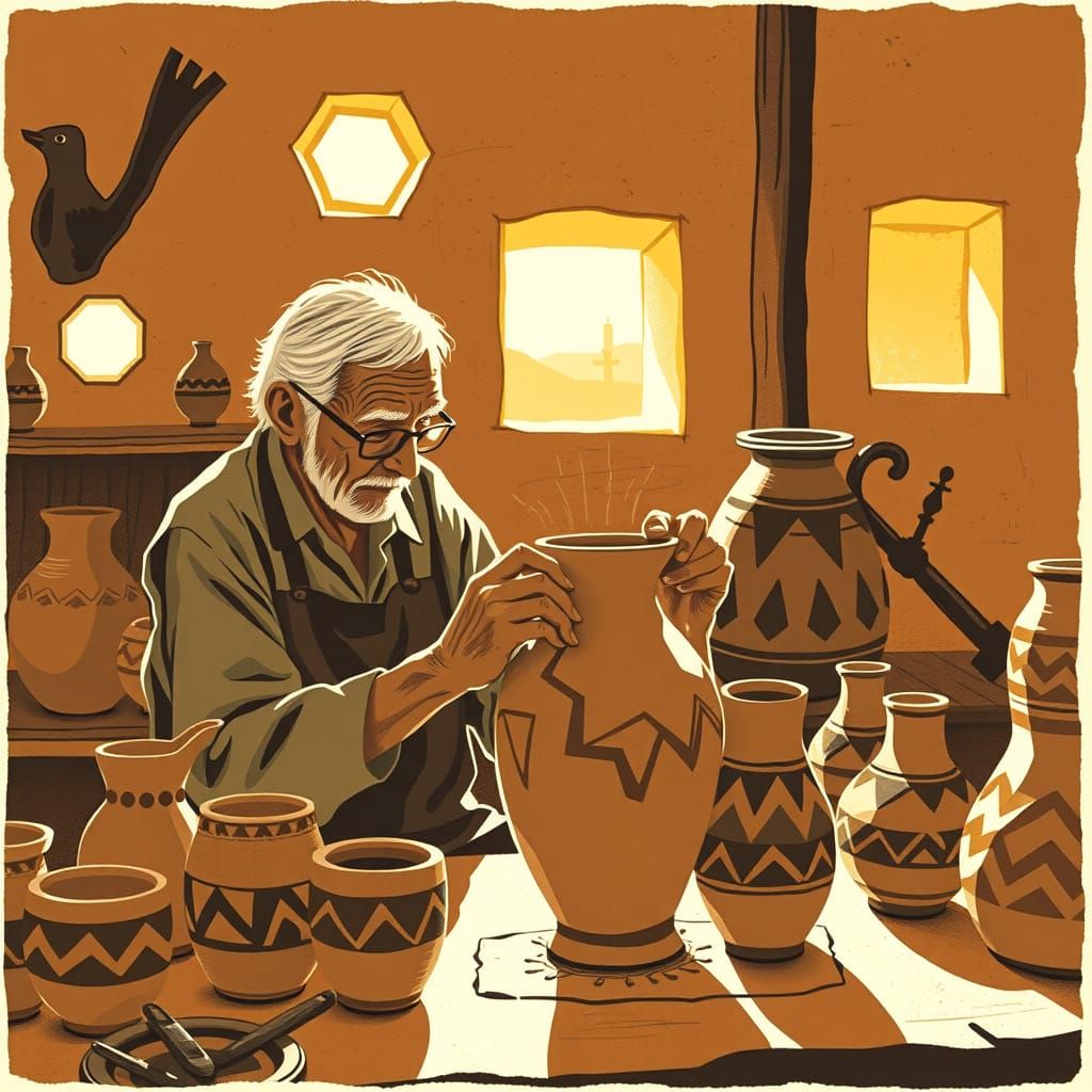 Cubist Pottery in Sunlit Workshop: Woodcut Style