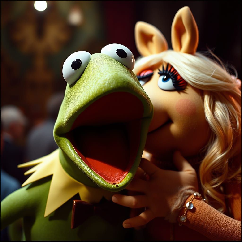 Kermit's Shock Kiss: A Cinematic Film Still