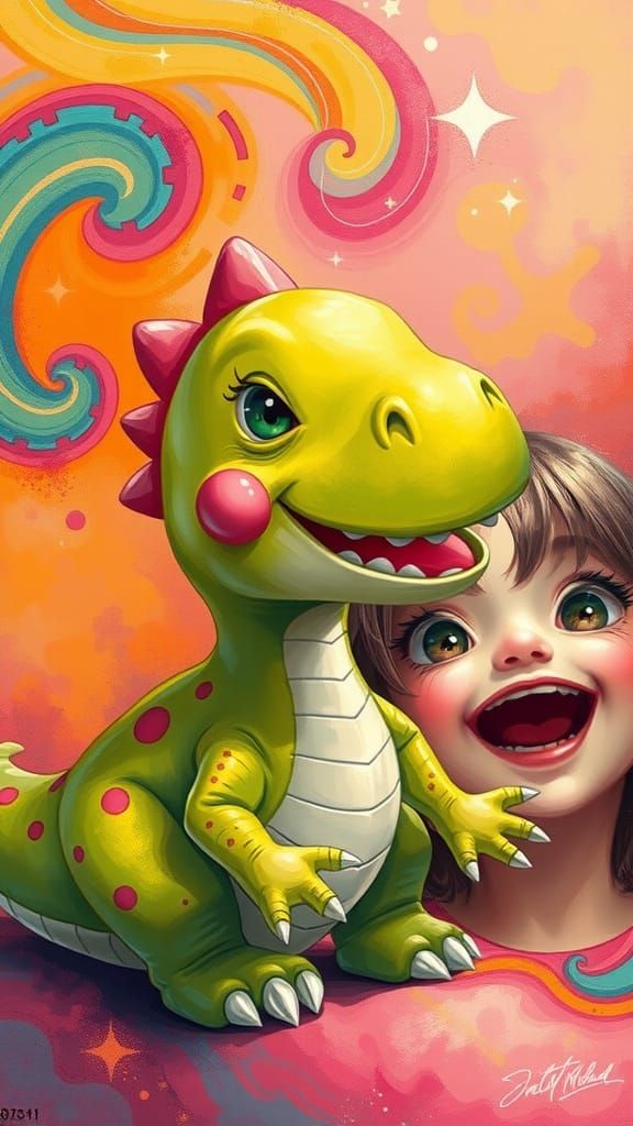 Joyful Dinosaur Plays in Candyland Gouache