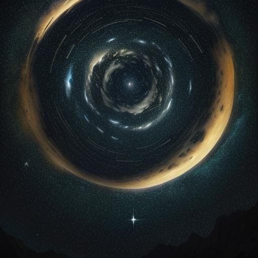 celestial maelstrom fills the night sky, featuring a large, swirling yellow moon and a multitude of twinkling stars, eac...