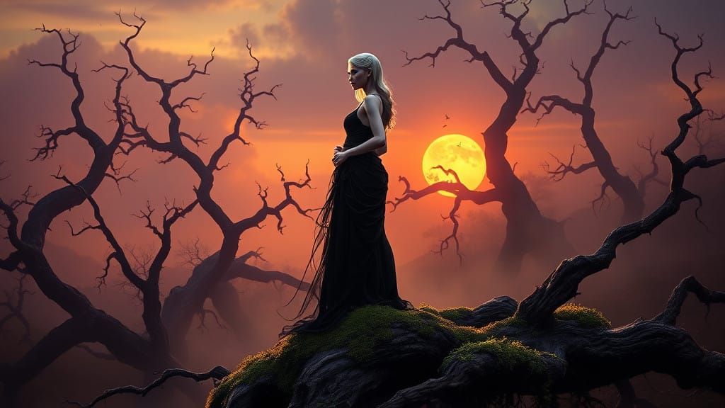 Ethereal Vampire Queen Among Cursed Trees